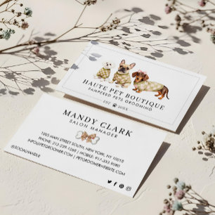Chic Watercolor Dog Breeds Checkered Pet Groomer Business Card