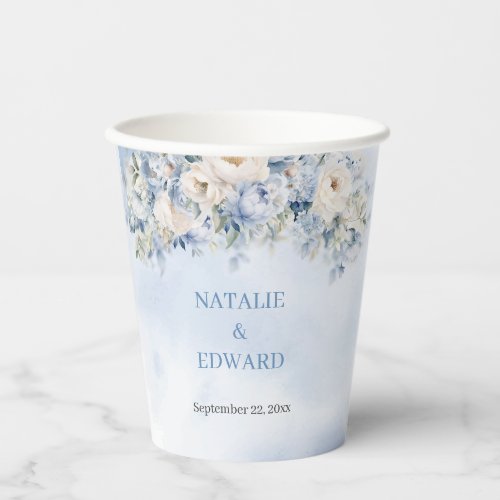 Chic watercolor dusty blue ivory flowers wedding paper cups