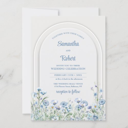 Chic watercolor dusty blue wildflowers boho arch invitation