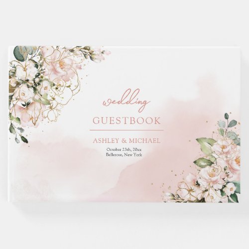 Chic watercolor dusty pink floral gold sage green guest book