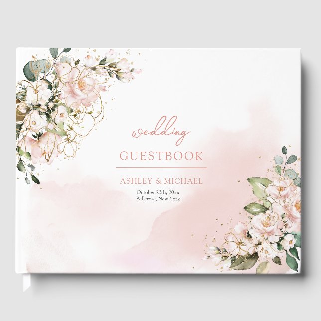 Chic watercolor dusty pink floral gold sage green guest book (Front)