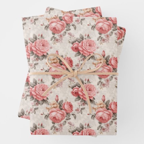 Chic watercolor dusty pink roses and laces  wrapping paper sheets