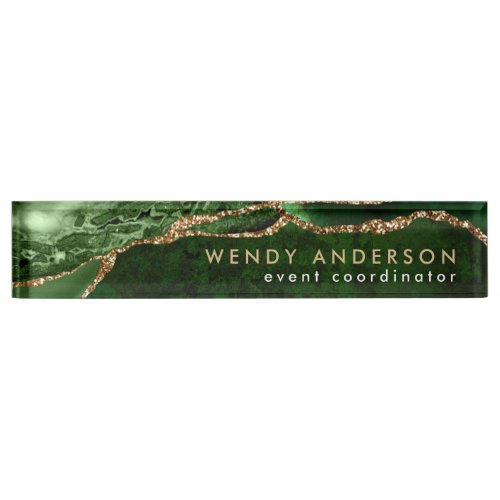 Chic Watercolor Emerald Green Gold Glitter Agate Desk Name Plate