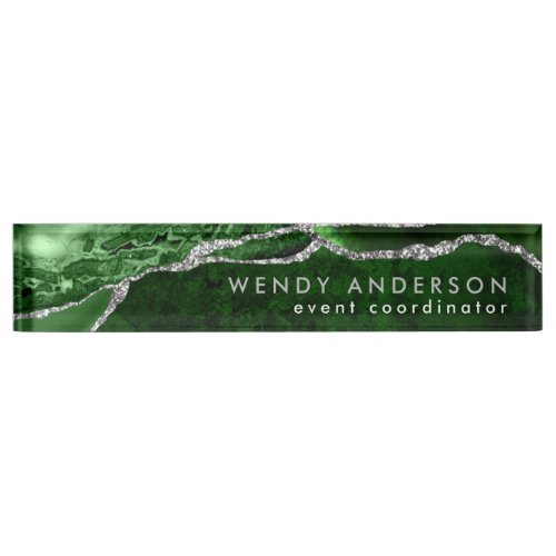 Chic Watercolor Emerald Green Silver Glitter Agate Desk Name Plate