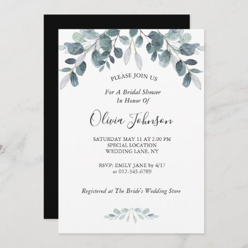 Chic Watercolor Eucalyptus Bloom Bridal Shower Invitation