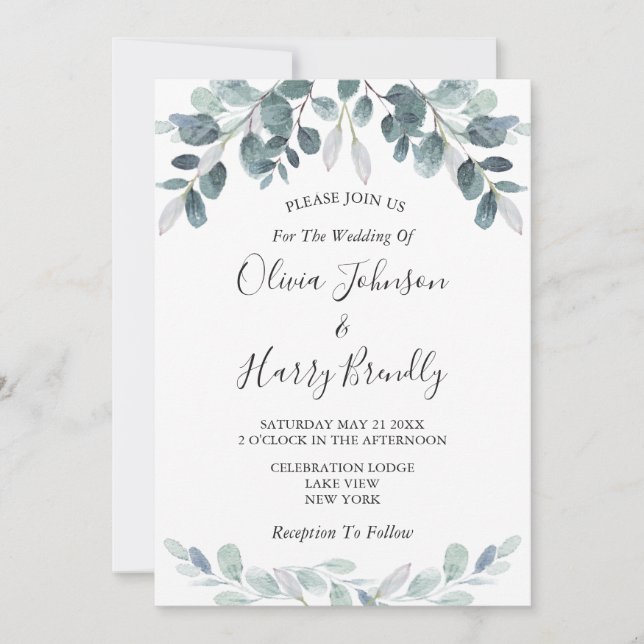 Chic Watercolor Eucalyptus Bloom Wedding Invitation (Front)