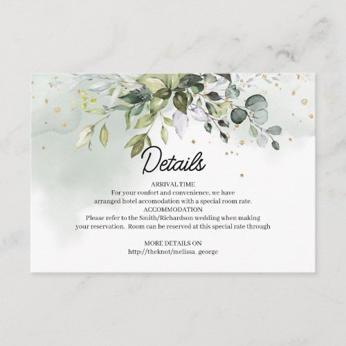 Chic watercolor eucalyptus greenery gold sparkles enclosure card