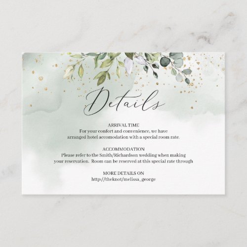 Chic watercolor eucalyptus greenery gold sparkles enclosure card