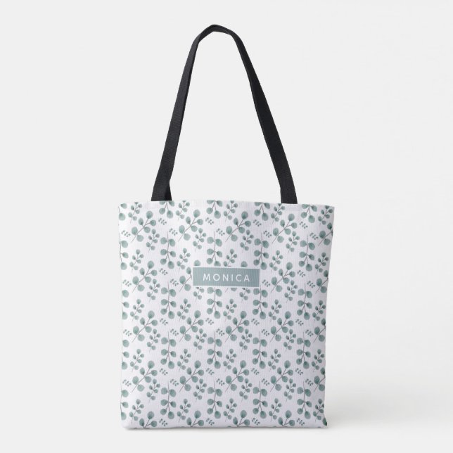 Chic Watercolor Eucalyptus Leaf Print with Name Tote Bag (Back)