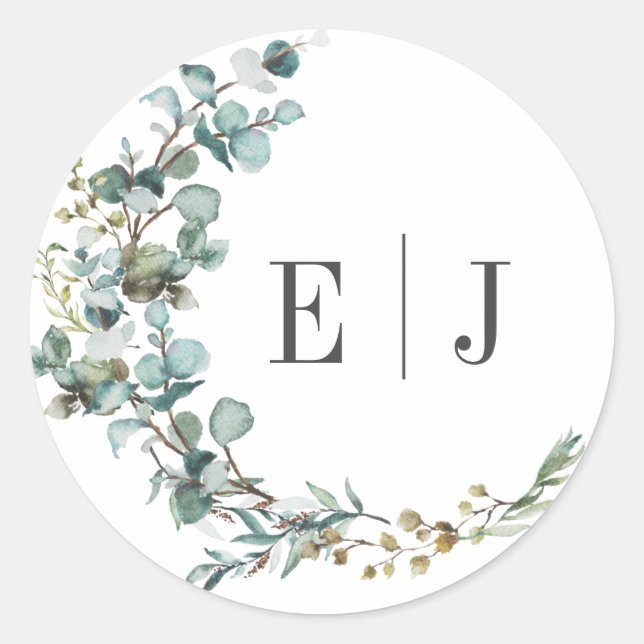 Chic Watercolor Eucalyptus Wedding Envelope Seals (Front)