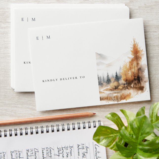 Chic Watercolor Fall Autumn Landscape Wedding Envelope (Stacked)