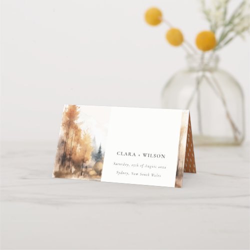 Chic Watercolor Fall Autumn Landscape Wedding Place Card
