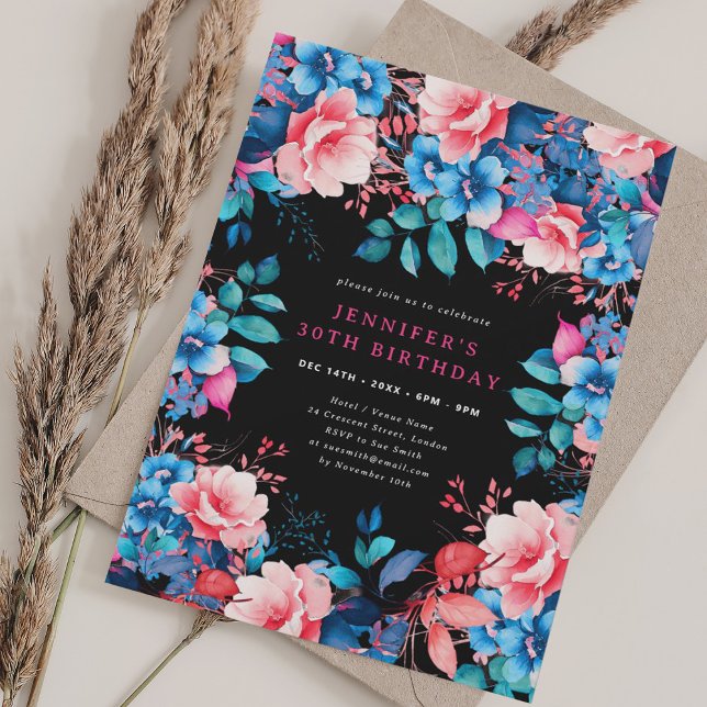 Chic Watercolor Floral 30th Birthday Black  Invitation (Chic Watercolor Floral 30th Birthday Black Invitation)