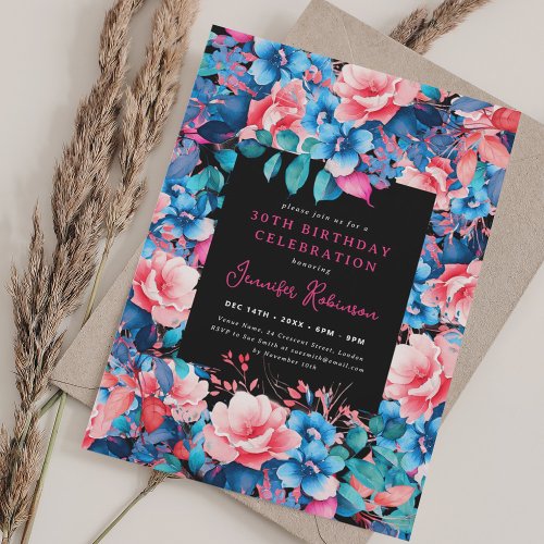 Chic Watercolor Floral 30th Birthday Black  Invitation