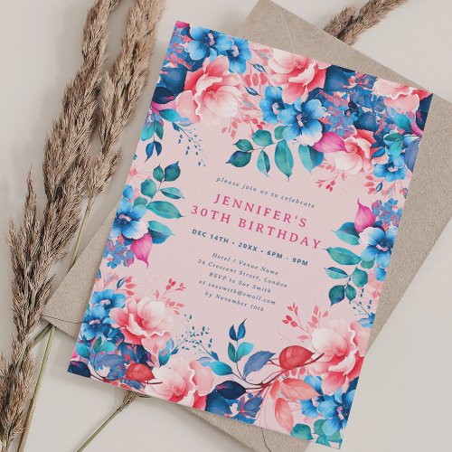 Chic Watercolor Floral 30th Birthday Blush  Invitation