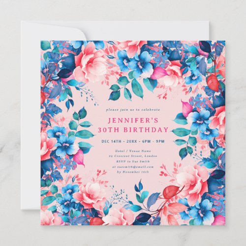 Chic Watercolor Floral 30th Birthday Blush  Invitation