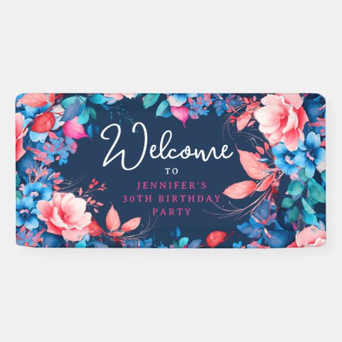 Chic Watercolor Floral 30th Birthday Navy Blue  Banner