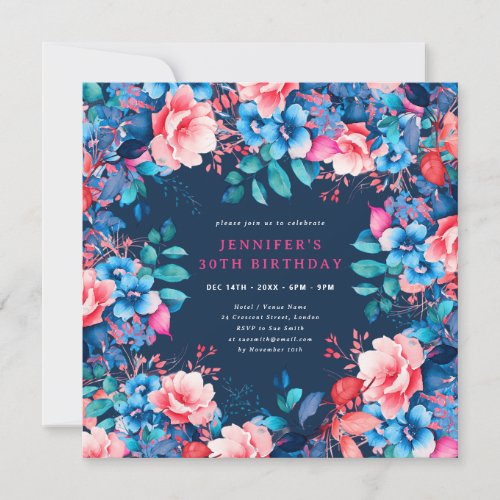 Chic Watercolor Floral 30th Birthday Navy Blue  Invitation