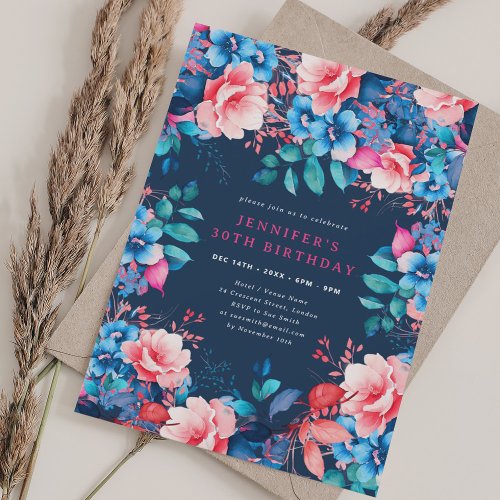 Chic Watercolor Floral 30th Birthday Navy  Invitation