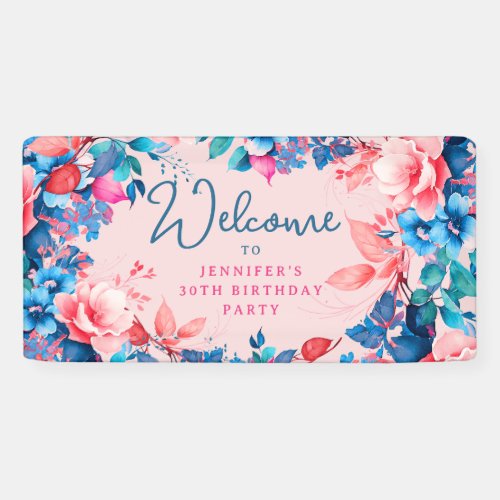 Chic Watercolor Floral 30th Birthday Party Blush  Banner