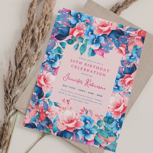 Chic Watercolor Floral 30th Birthday Party Blush Invitation