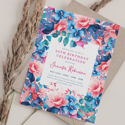 Chic Watercolor Floral 30th Birthday Party  Invitation