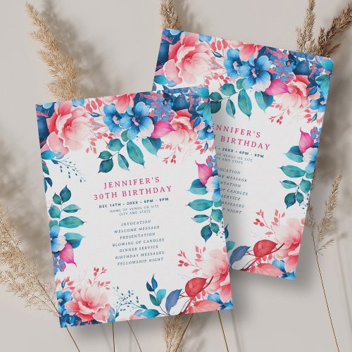 Chic Watercolor Floral 30th Birthday Program 
