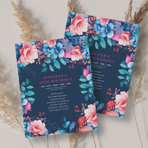 Chic Watercolor Floral 30th Birthday Program Navy 