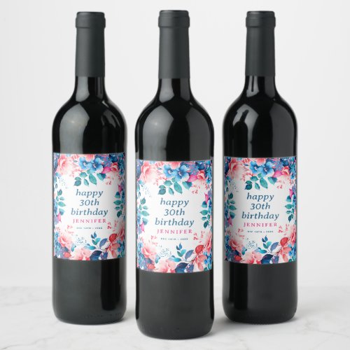 Chic Watercolor Floral 30th Happy Birthday  Wine Label