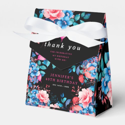 Chic Watercolor Floral 40th Birthday Black Favor Boxes