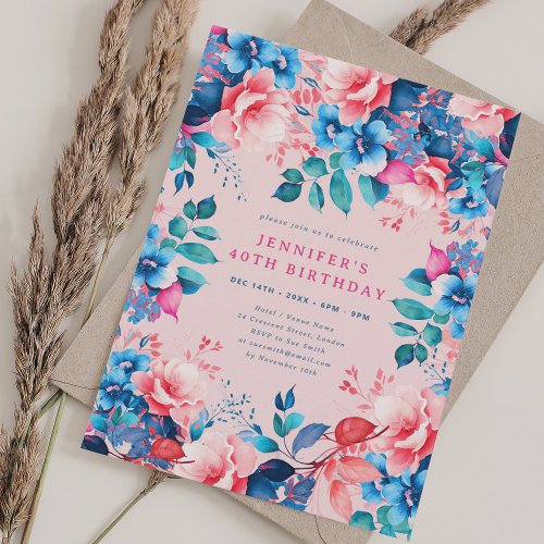 Chic Watercolor Floral 40th Birthday Blush  Invitation