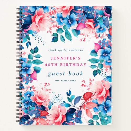 Chic Watercolor Floral 40th Birthday Guest Book