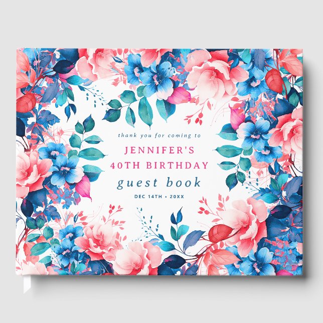 Chic Watercolor Floral 40th Birthday Guest Book (Front)