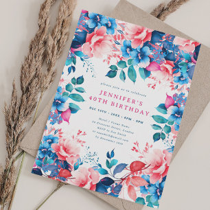 Chic Watercolor Floral 40th Birthday Invitation