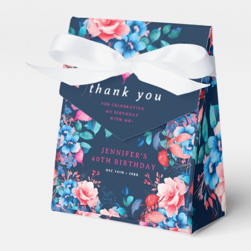 Chic Watercolor Floral 40th Birthday Navy Favor Boxes