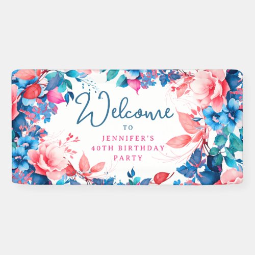 Chic Watercolor Floral 40th Birthday Party Banner