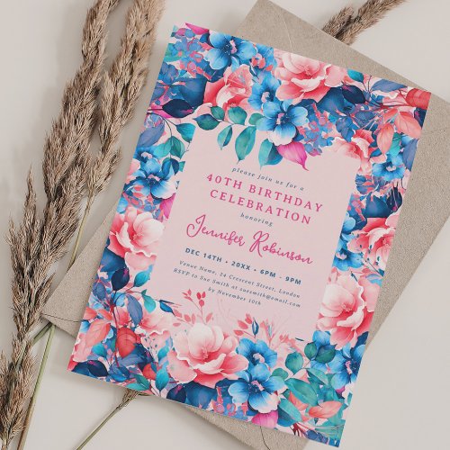 Chic Watercolor Floral 40th Birthday Party Blush Invitation