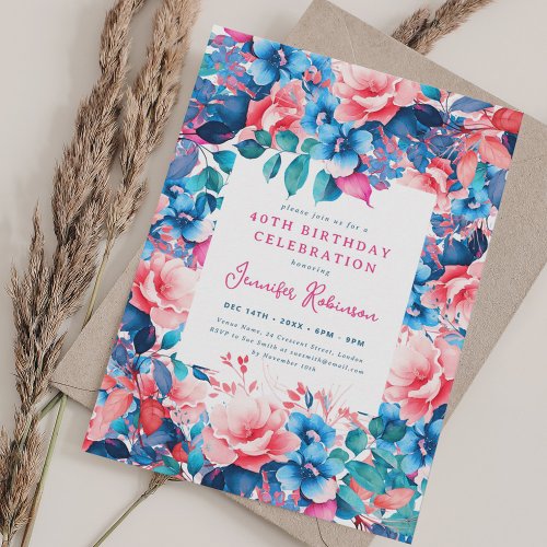 Chic Watercolor Floral 40th Birthday Party  Invitation