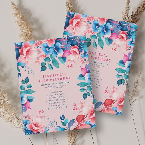 Chic Watercolor Floral 40th Birthday Program Blush