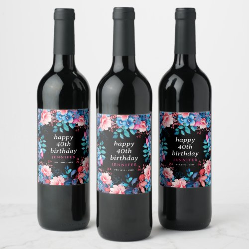 Chic Watercolor Floral 40th Happy Birthday Black Wine Label