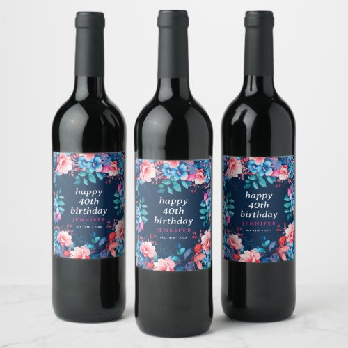 Chic Watercolor Floral 40th Happy Birthday Navy Wine Label