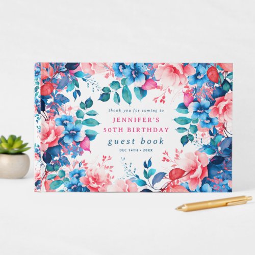 Chic Watercolor Floral 50th Birthday Guest Book