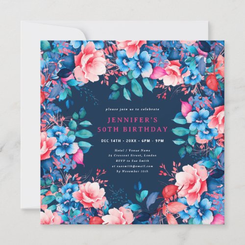 Chic Watercolor Floral 50th Birthday Navy  Invitation