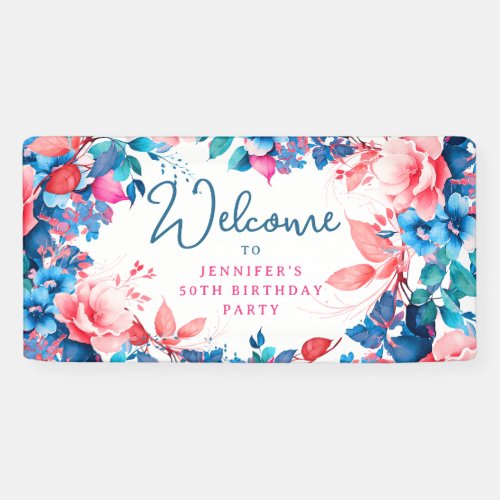 Chic Watercolor Floral 50th Birthday Party Banner