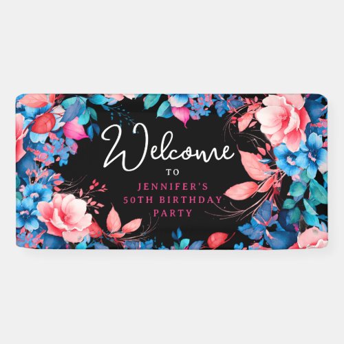 Chic Watercolor Floral 50th Birthday Party Black Banner