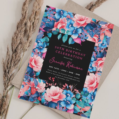 Chic Watercolor Floral 50th Birthday Party Black Invitation