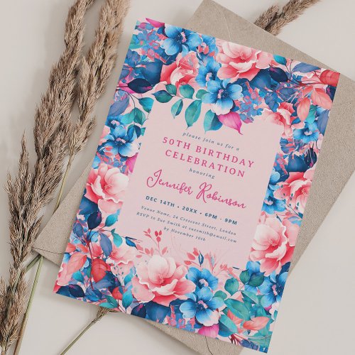 Chic Watercolor Floral 50th Birthday Party Blush Invitation