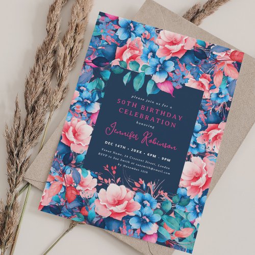 Chic Watercolor Floral 50th Birthday Party Navy  Invitation