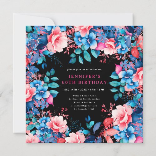 Chic Watercolor Floral 60th Birthday Black  Invitation