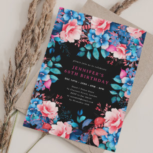 Chic Watercolor Floral 60th Birthday Black Invitation